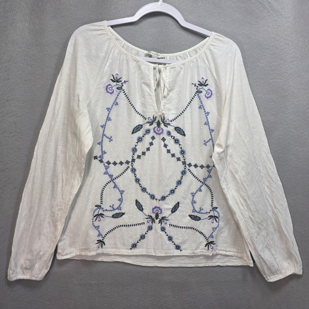 Lucky Brand Top Womens L Boho Floral Embroidered Swiss Dot Hippie White Blue